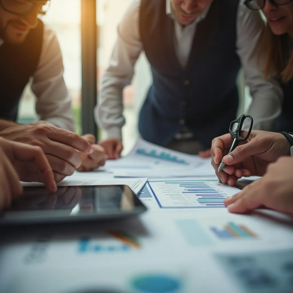 Equipo colaborando en proyecto financiero
